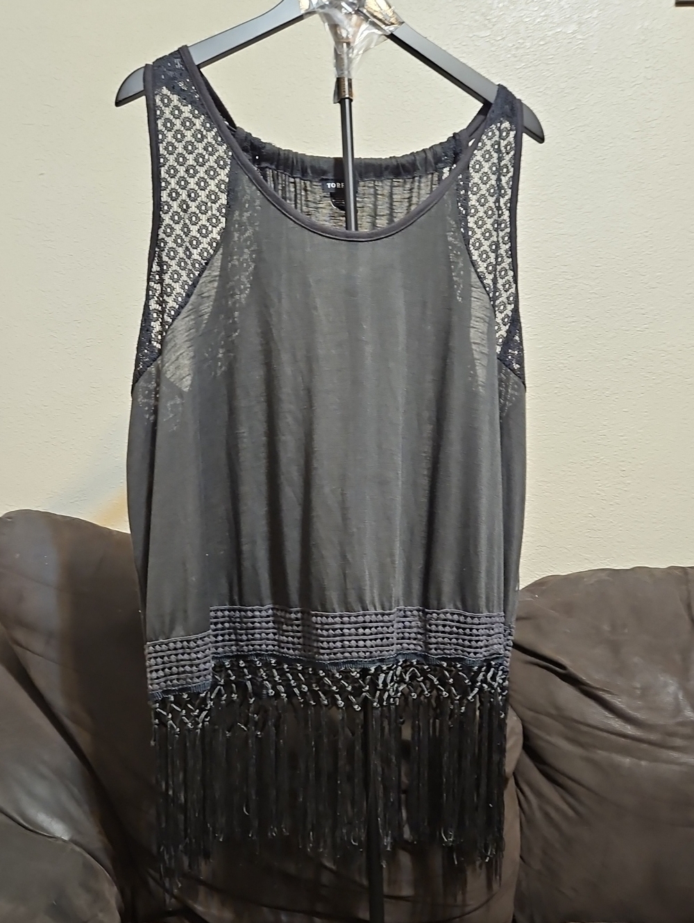 Ladies Black Fringe Lace-Trim Sleeveless Top